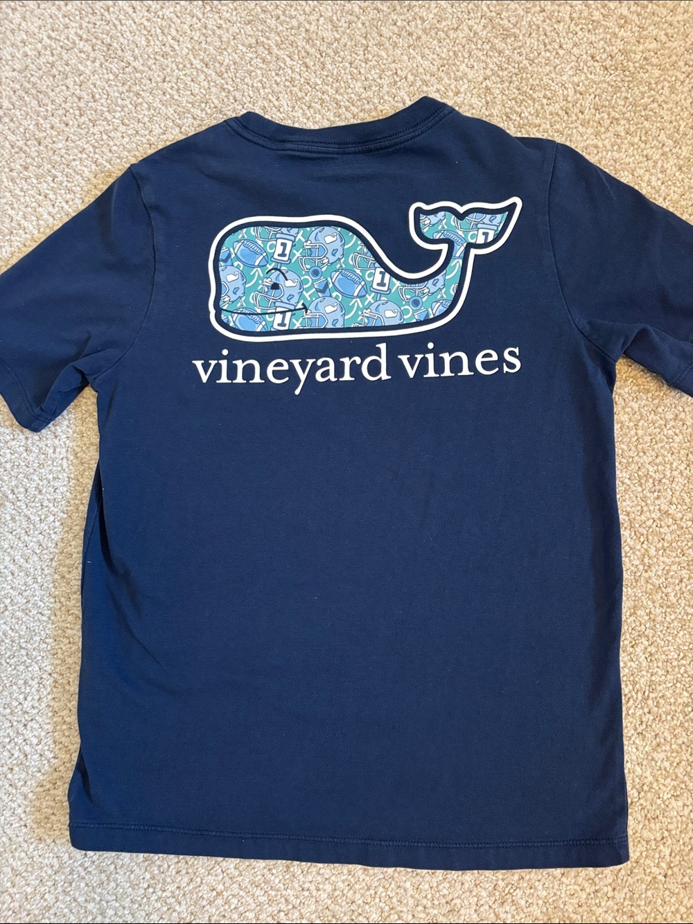 Vineyard Vines football Navy Tee with Blue-Teal Patterned Whale